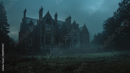 Wide shot of a haunted house with dark grey tones and backlight