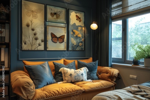 Cozy living room with a comfortable sofa, decorative pillows, and a wall art featuring butterfly and plant illustrations.  The room is painted in a dark blue color. photo