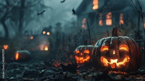 Wide shot of a Halloween night scene with dark grey tones and backlight
