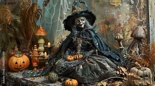 Vintage Halloween witch with metallic silver accents