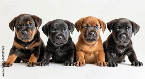 Six Adorable Rottweiler Puppies Posing in a Row on White Background