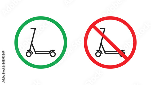 Traffic Regulation Permitted and prohibited use of electric scooters sign. Icon set vector