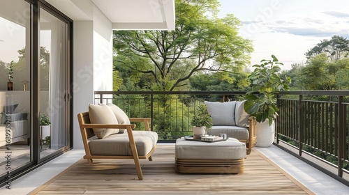 resort vacation home interior design wooden and cosy chair on comfort balcony daylight with beautiful nature sky background house beauty ideas concept