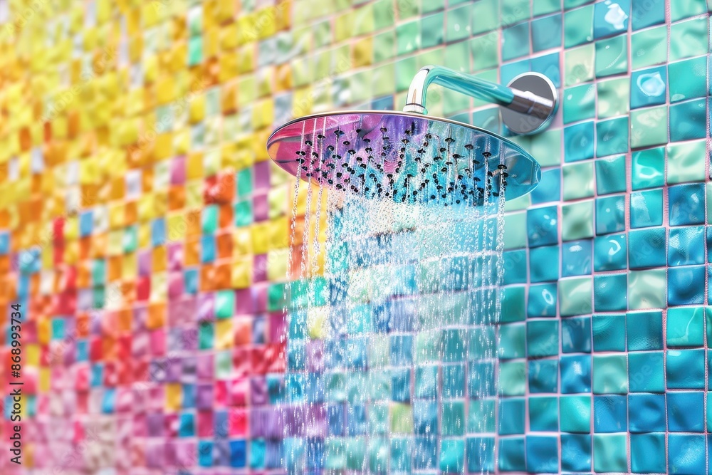 Obraz premium rainbow colored shower head is spraying water