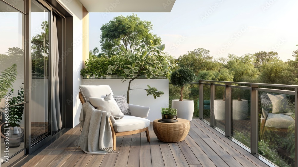 Naklejka premium resort vacation home interior design wooden and cosy chair on comfort balcony daylight with beautiful nature sky background house beauty ideas concept