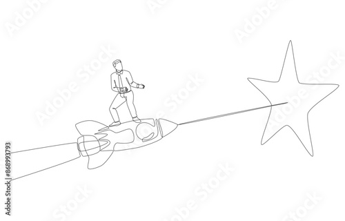 Continuous one line drawing of businessman riding rocket to reach star, ambition for successful startup, aiming for positive business feedback concept, single line art. 