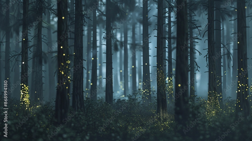 Fototapeta premium Minimalist eerie forest close-up with backlight and metallic silver color scheme