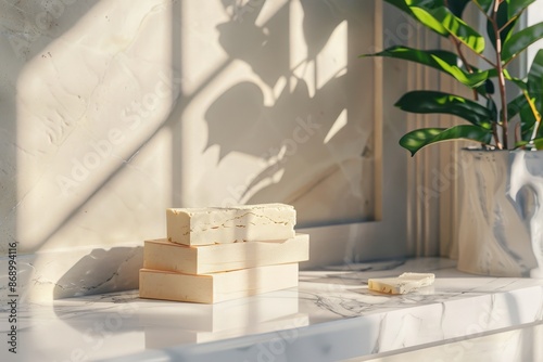 A vase with a plant in it sits on a marble countertop