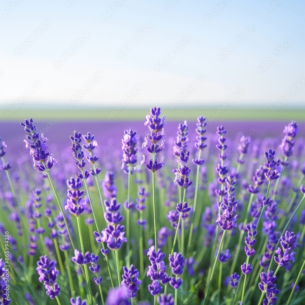 Naklejka premium Close-up of blooming lavender flowers in a field. The flowers are in focus, while the background is blurred.