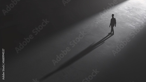 Minimalist shadow figure aerial view with dark grey background and dramatic lighting