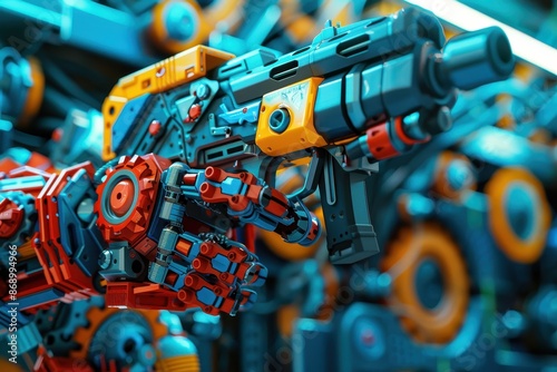 A gun is displayed in front of a wall of gears