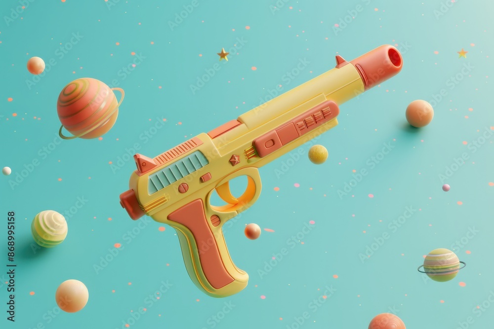 Naklejka premium A gun is flying through a space filled with colorful balls