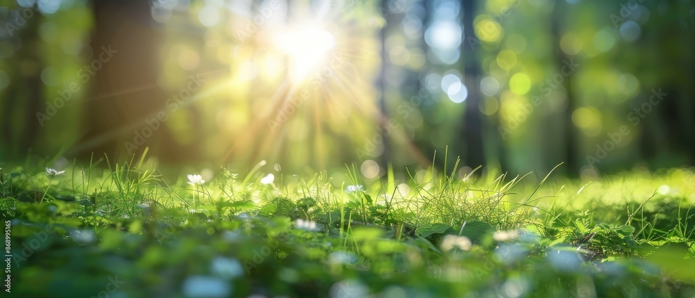 Defocused green trees in forest or park with wild grass and sun beams. Beautiful summer spring natural background Defocused green trees in forest or park with wild grass and sun beams. Beautiful summer spring natural background
