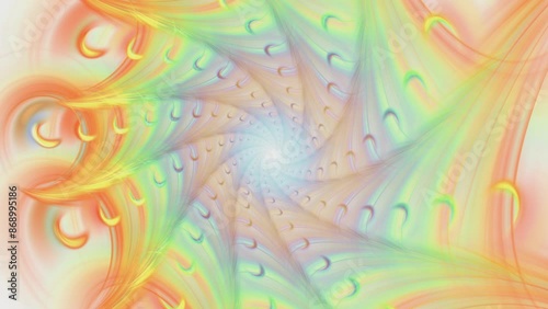 Fractal colorful background having spiraliform motion on white. Varicolored chains of small whirling radiating from center, enlarging and forming abstract pattern. Energy flows spin. 4K UHD 4096x2304 photo