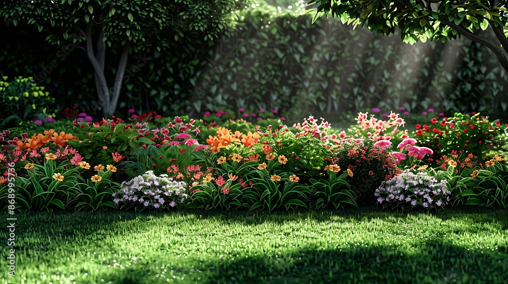 Fototapeta premium The mix border full bloom of flowers is highlighted by the green lawn very detailed and realistic shape
