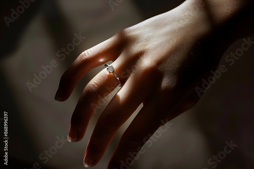 Bride s hand with engagement ring, minimalist style, soft backlight photo
