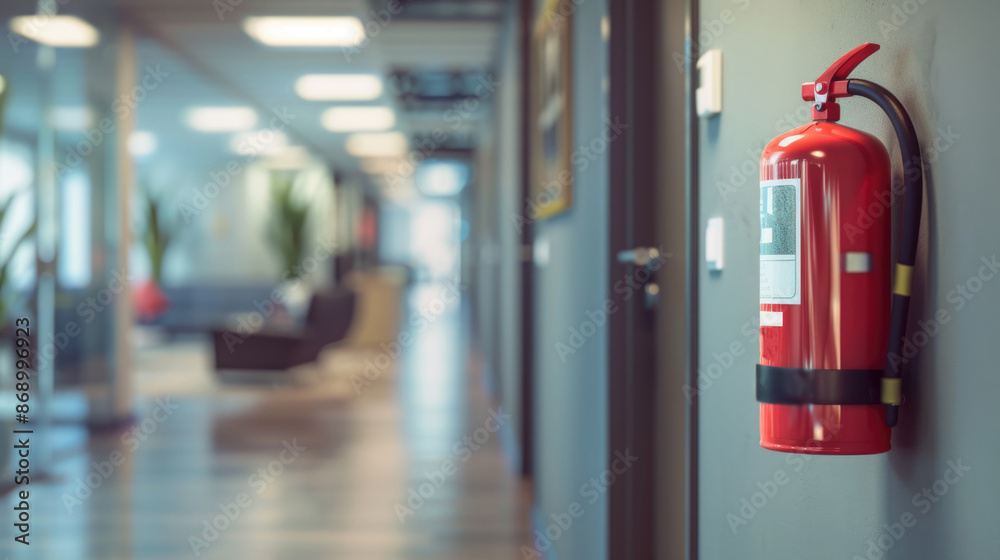 Red fire extinguisher hang on the wall at the corner of corridor. Office background. Safe place. Personal home building flame protection. Safety training, prevention. Red fire extinguisher hang on the wall at the corner of corridor. Office background. Safe place. Personal home building flame protection. Safety training, prevention.
