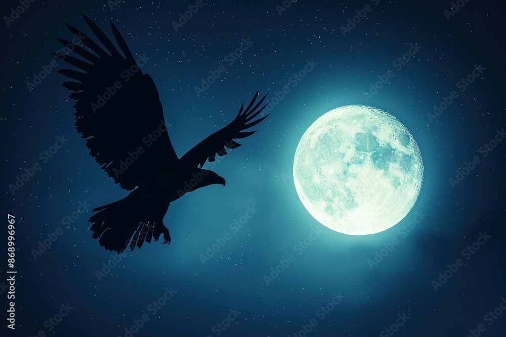 Fototapeta premium large black eagle is flying over a large yellow moon