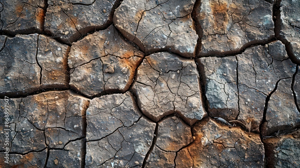 A cracked and broken rock surface, with a mix of brown and gray colors A cracked and broken rock surface, with a mix of brown and gray colors