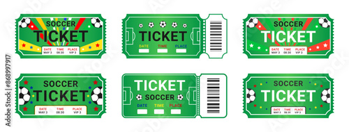 Soccer ticket pass set. Football championship tournament game invitation coupon symbol. Vector illustration isolated on white background