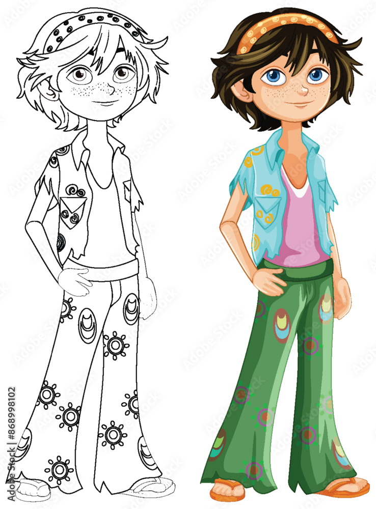 Colorful and black-and-white hippie boy illustration Colorful and black-and-white hippie boy illustration