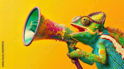 Colorful chameleon holding a megaphone on a yellow background. Studio animal portrait. Communication and announcement concept. Design for poster, banner, greeting card, invitation. Close-up shot.