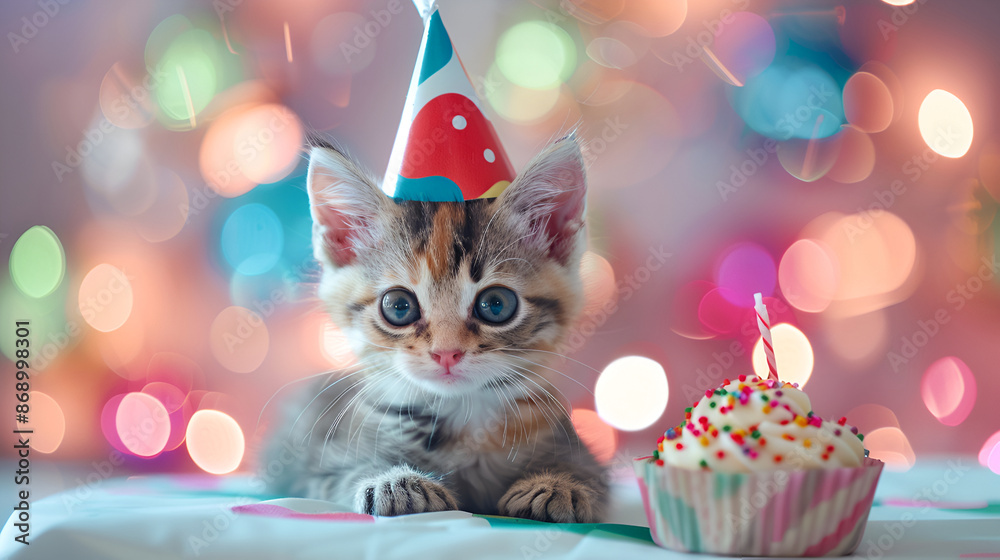Kitten Celebrating Birthday with Cupcake and Hat, An adorable kitten in a striped party hat eyes a birthday cupcake with a lit candle, against a backdrop of soft bokeh lights
