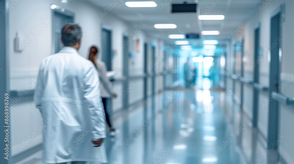 Blurred image of doctor and patient in hospital corridor. Blur image. Background image. Blurred image of doctor and patient in hospital corridor. Blur image. Background image.