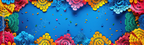 background with abstract versions of traditional papel picado banners in bright, bold colors, creating a festive and lively atmosphere