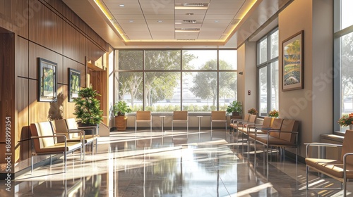 Modern hospital with waiting area and hospital beds in 3D room