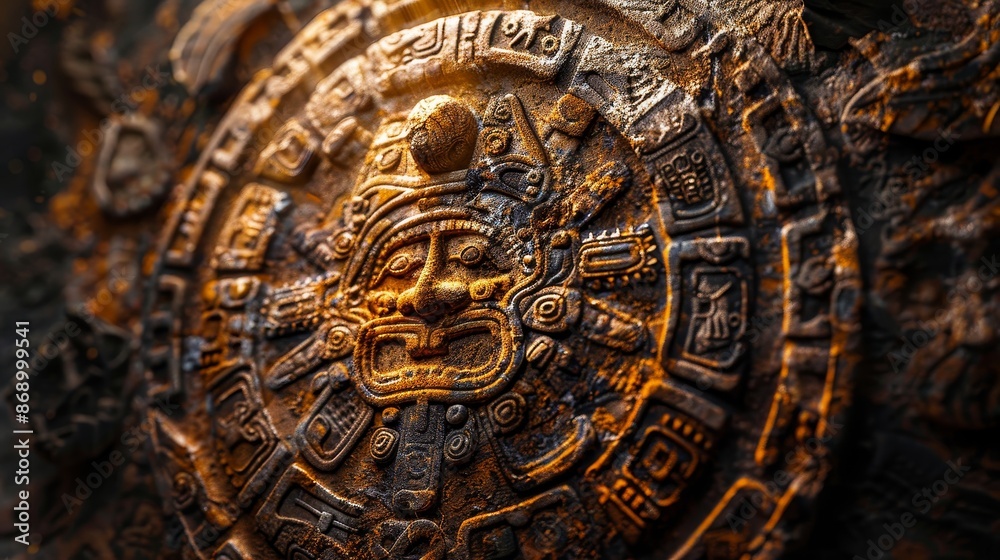 Magic light on Aztec Sun Stone, detailed carvings revealing its cultural heritage, intricate designs, mystical and significant Magic light on Aztec Sun Stone, detailed carvings revealing its cultural heritage, intricate designs, mystical and significant