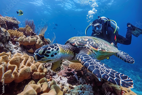Scuba diver photographing a Hawksbill turtle swimming over a coral reef in the blue sea