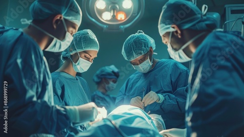 Group of surgeons at operating room at hospital Concept of surgery, medicine and people. Medical case, urgent treatment. medical light background