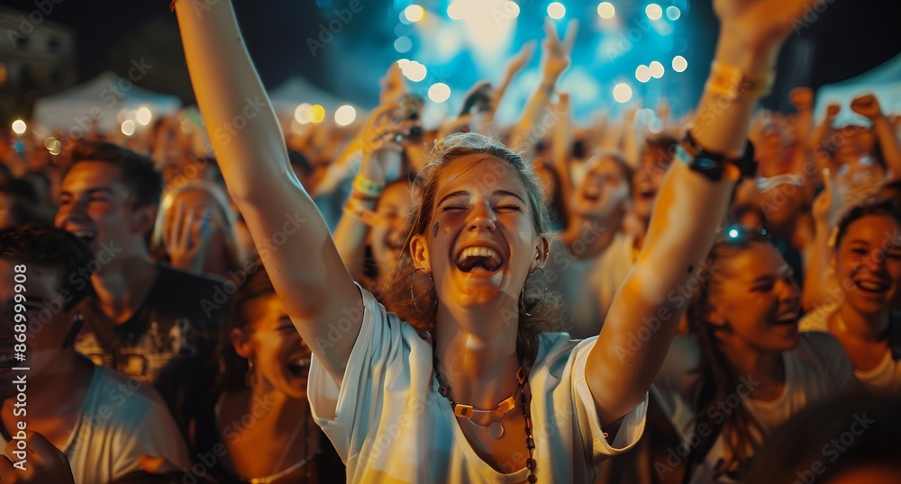 In the foreground, young people in their thirties with smiling faces crowd into an outdoor concert venue at night. They cheering and laughing as they enjoy music playing from stage. In background ther In the foreground, young people in their thirties with smiling faces crowd into an outdoor concert venue at night. They cheering and laughing as they enjoy music playing from stage. In background ther