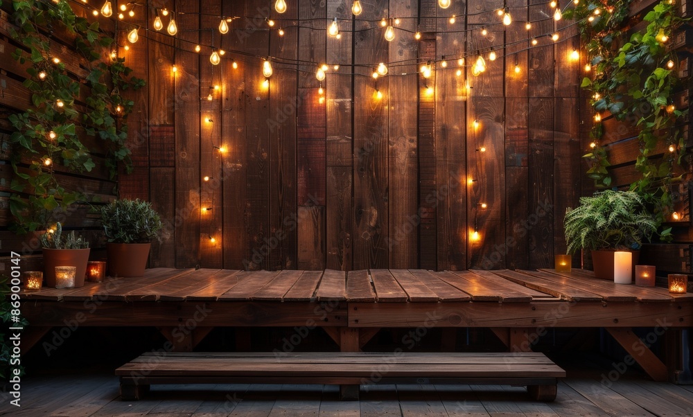 Rustic Wooden Platform with String Lights. Rustic Wooden Platform with String Lights.