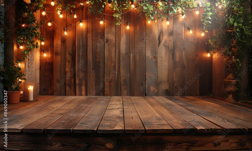 Rustic Wooden Background with String Lights and Greenery. Rustic Wooden Background with String Lights and Greenery.