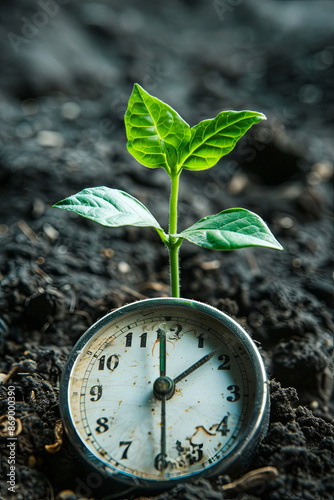 Spring forward concept with a clock and a young plant, symbolizing new beginnings photo