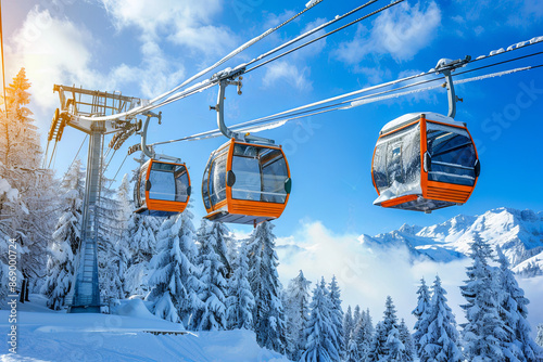 Cable cars at a ski resort, winter sports and travel photo