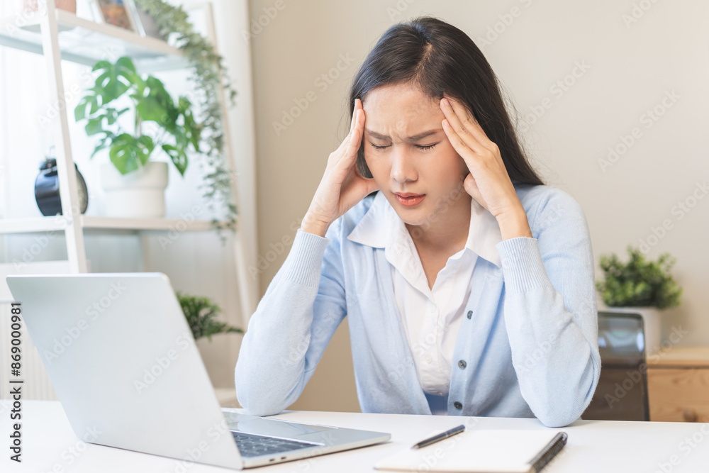 Stressed, exhausted asian young woman, girl pain from vertigo, having migraine symptoms headache, feel unhealthy, suffering from dizziness, holding head with hand. Health care problem of people.