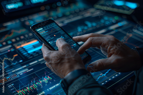 Smart businessman typing financial data on a mobile phone with a futuristic stock chart graphic, business and crypto technology concept photo