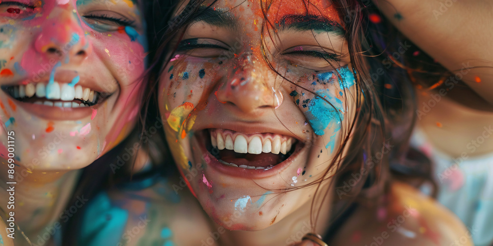 Obraz premium Realistic Photoshoot close-up of friends having a fun paint fight, covered in colors and smiles, high-resolution, high-definition (HD), ultra high-definition (UHD), professional-grade