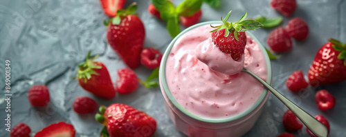 A spoon dipped into a jar of strawberry yogurt with visible fruit pieces, highlighting its rich texture