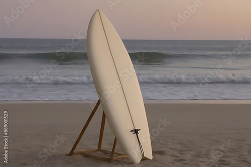 The surfboard is all white. There are no patterns or graphics placed on aeasel on the beach. © unairakstudio