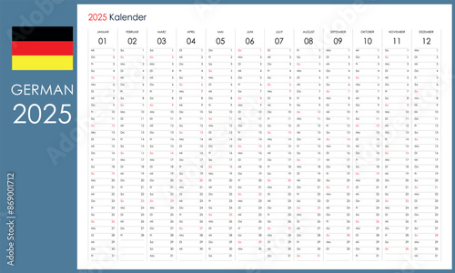 2025 wall planner in German, annual one page calendar or organizer with copy space for notes