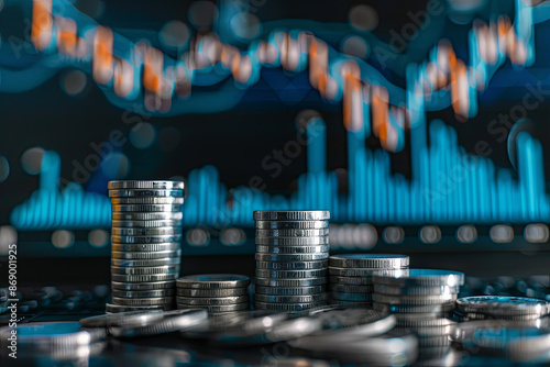 Stack of silver coins with a trading chart, financial investment and business growth photo