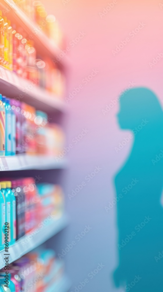 A woman's silhouette stands against a pastel wall in a grocery store aisle, with shelves of colorful products in the foreground. A woman's silhouette stands against a pastel wall in a grocery store aisle, with shelves of colorful products in the foreground.