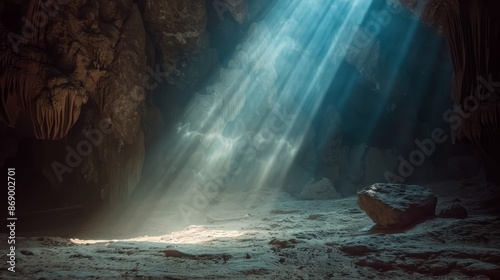 Moody cave with sunlight filtering in, dramatic light rays piercing the darkness, rough textured walls and floor, eerie and atmospheric