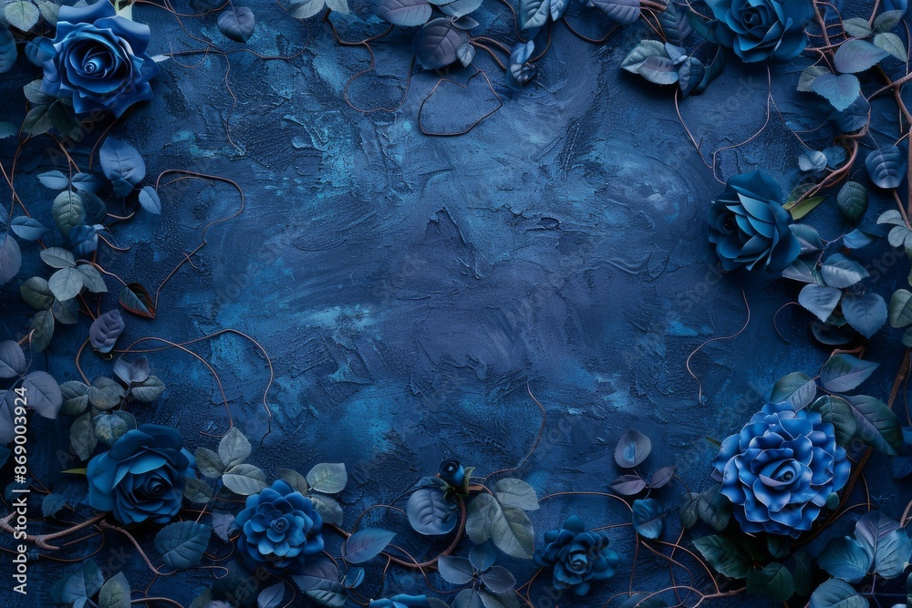 The abstract allure of blue roses within an intricate floral frame, a high-definition background image, and sticker. The abstract allure of blue roses within an intricate floral frame, a high-definition background image, and sticker.