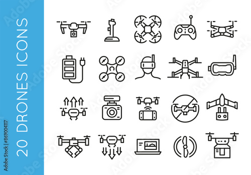 Drone icons. Set of 20 drone trendy minimal icons. Example: Quadcopter, remote control, battery, camera, FPV goggles icon. Design signs for web page, mobile app, packaging design. Vector illustration.