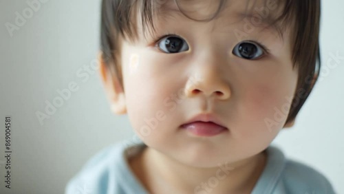 an Asian baby boy looking straight into the camera, calm and natural atmosphere